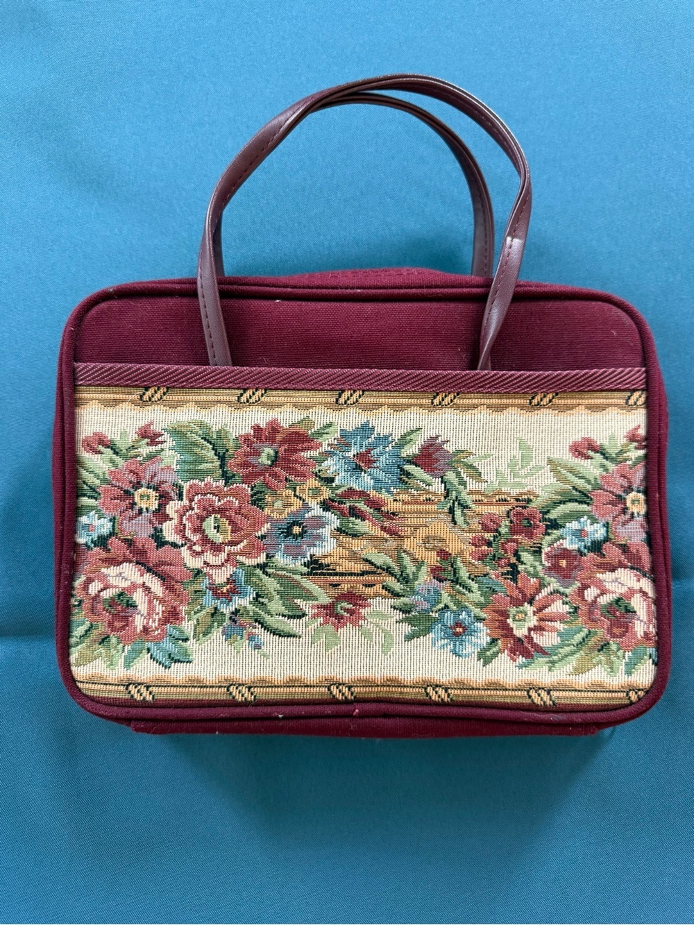 Vintage Floral Tapestry Bible Carrying Handbag in Burgundy and Multicolor